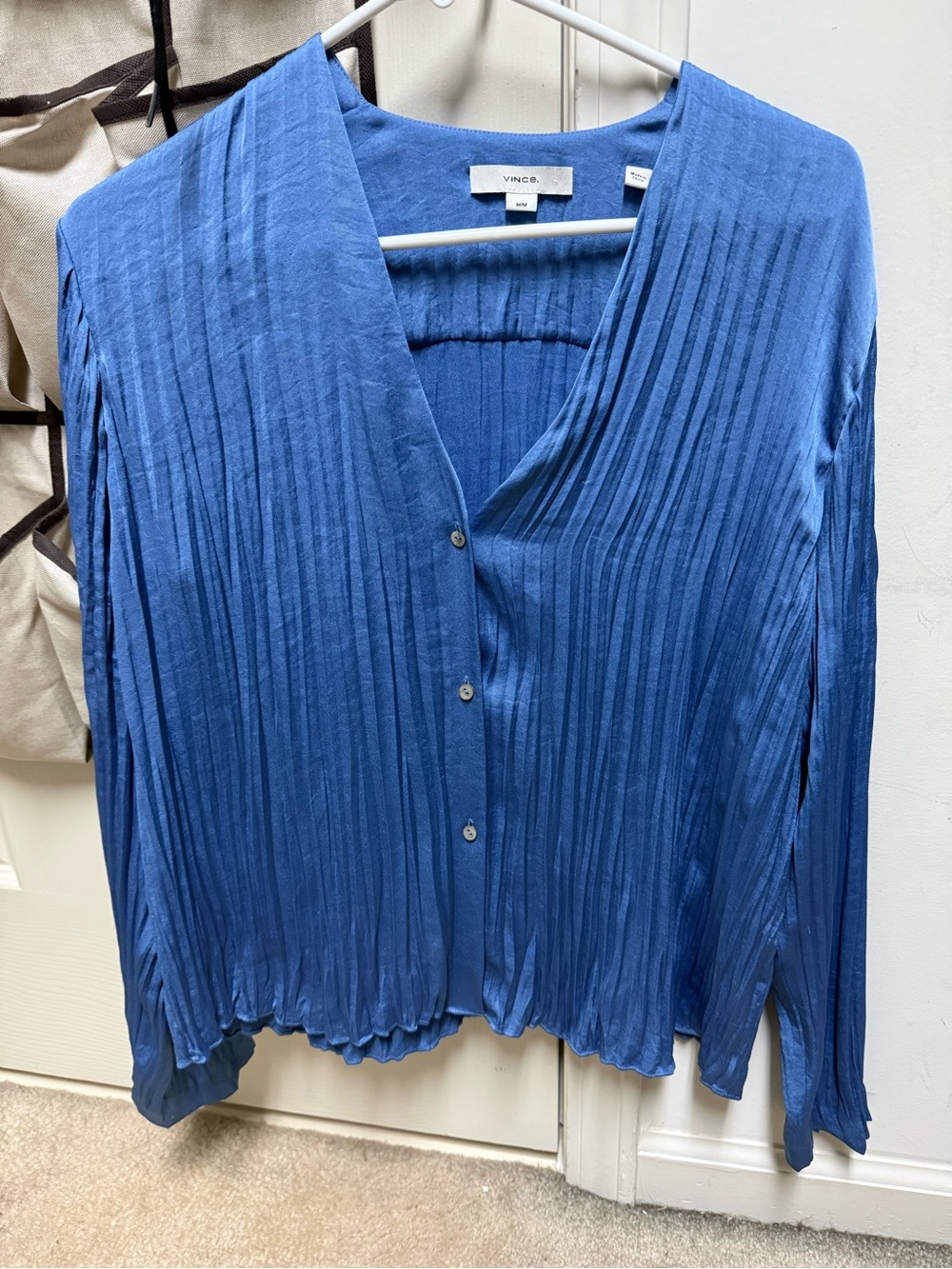 Vince Textured Blue Pleated Button-Front Top